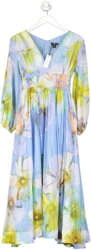Karen Millen Blue Petite Photographic Floral Silk Cotton Maxi Dress UK 4
