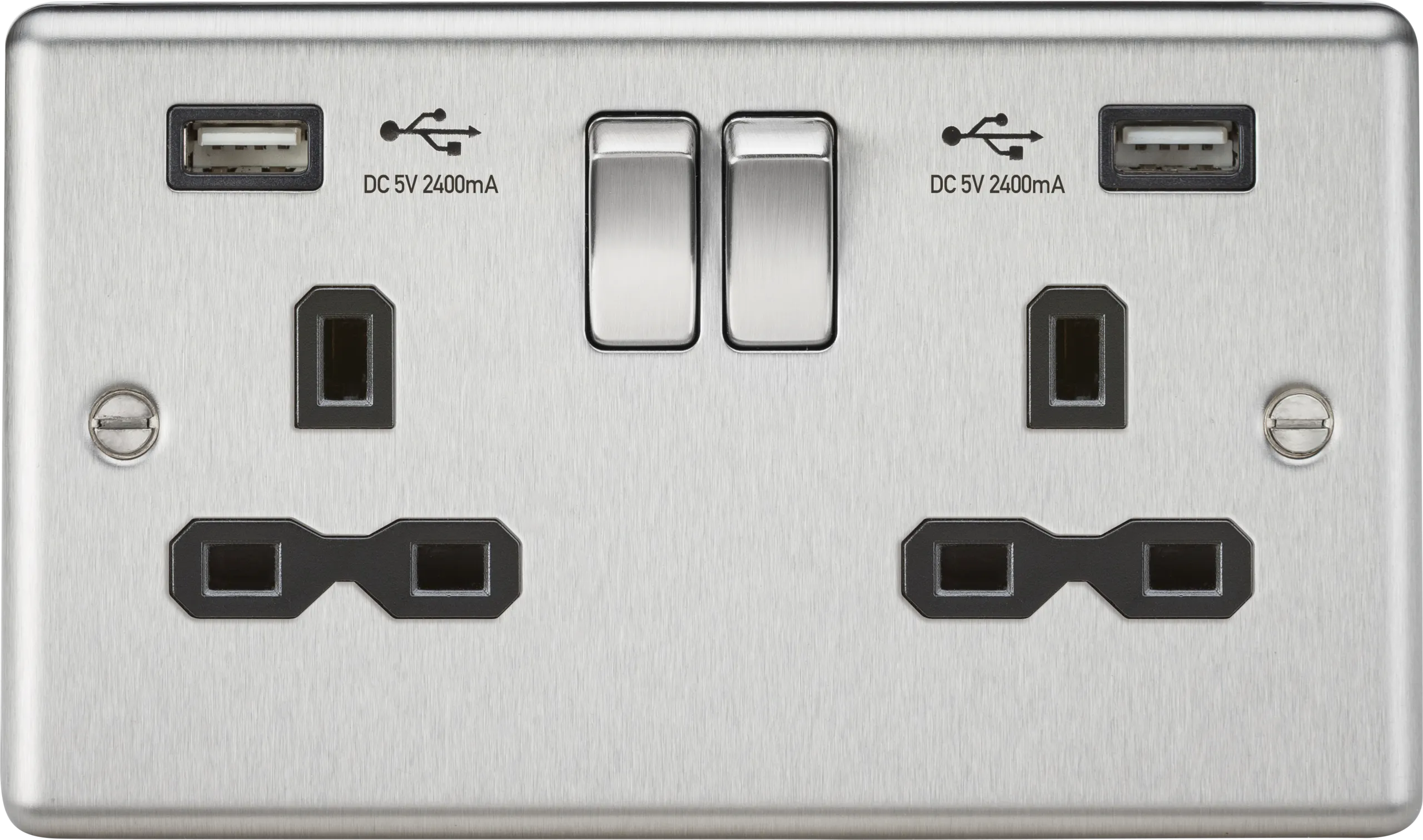 Knightsbridge CL9224BC Rounded Edge 13A 2G Switch Socket  2xUSB 2.4A - Brushed Chrome   Black Insert