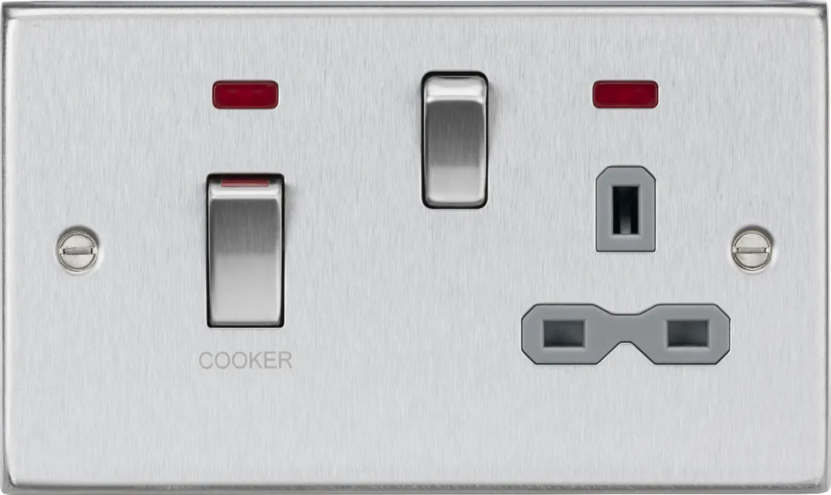 Knightsbridge CS83MNBCG Square Edge 45A DP Cooker Switch   13A Switched Socket   Neons - Brushed Chrome   Grey Insert