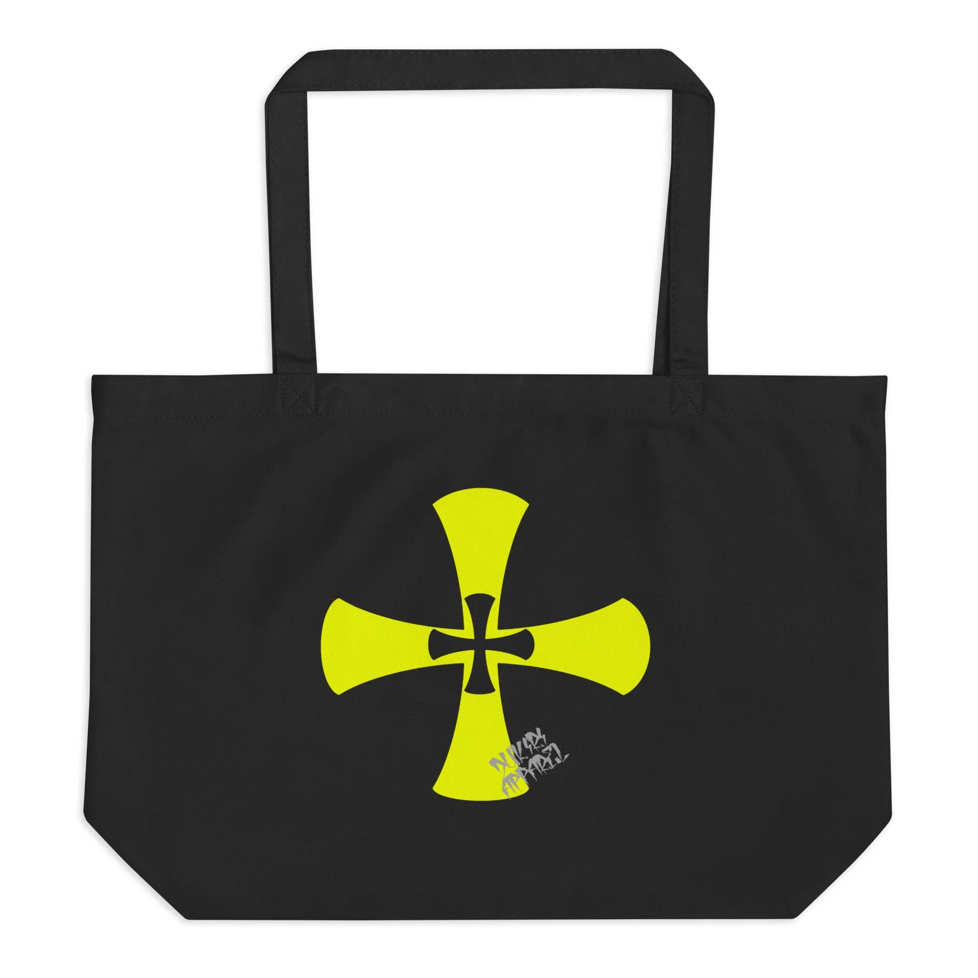 Large organic black tote bag-Yellow Crusaders Cross Print|Premium