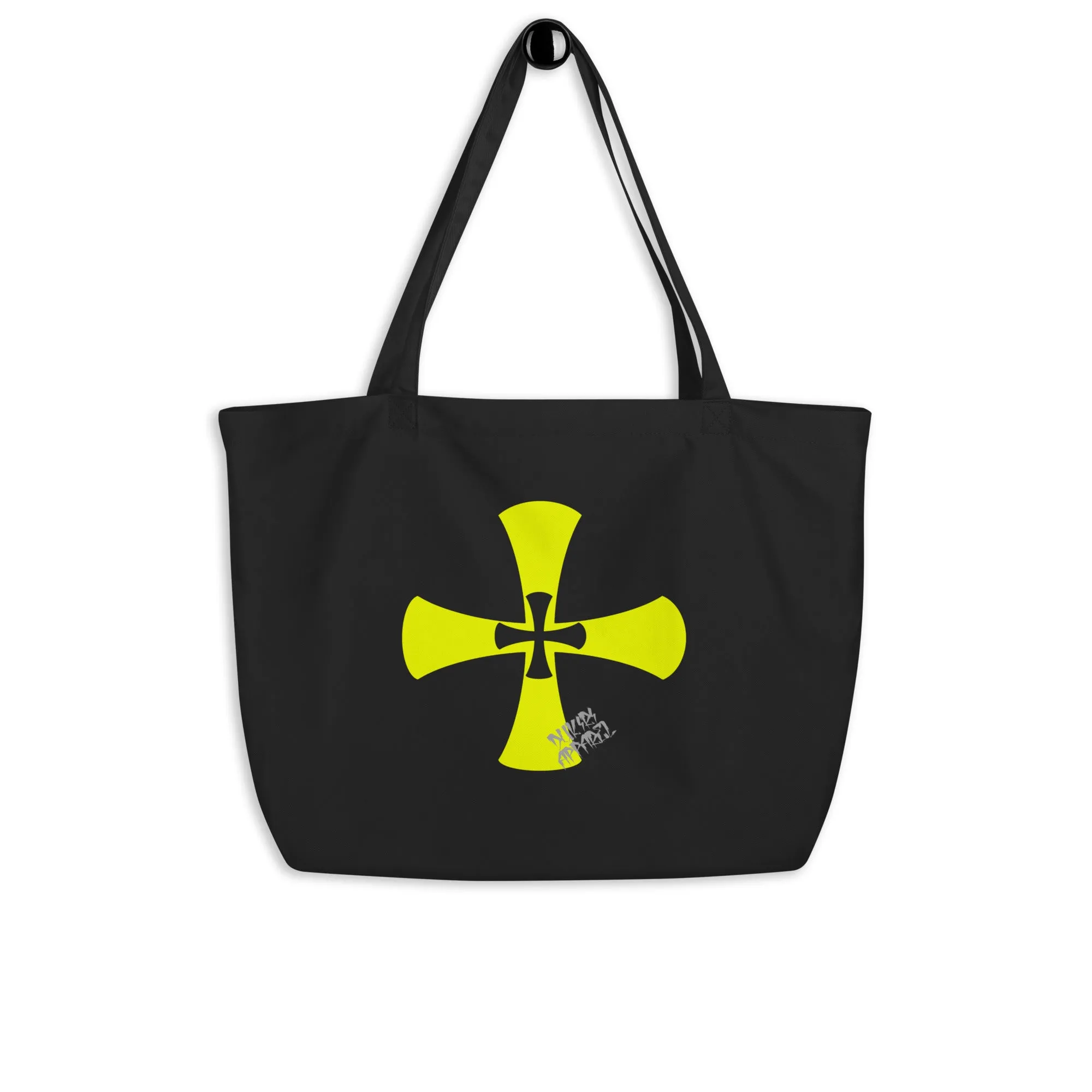 Large organic black tote bag-Yellow Crusaders Cross Print|Premium