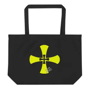 Large organic black tote bag-Yellow Crusaders Cross Print|Premium