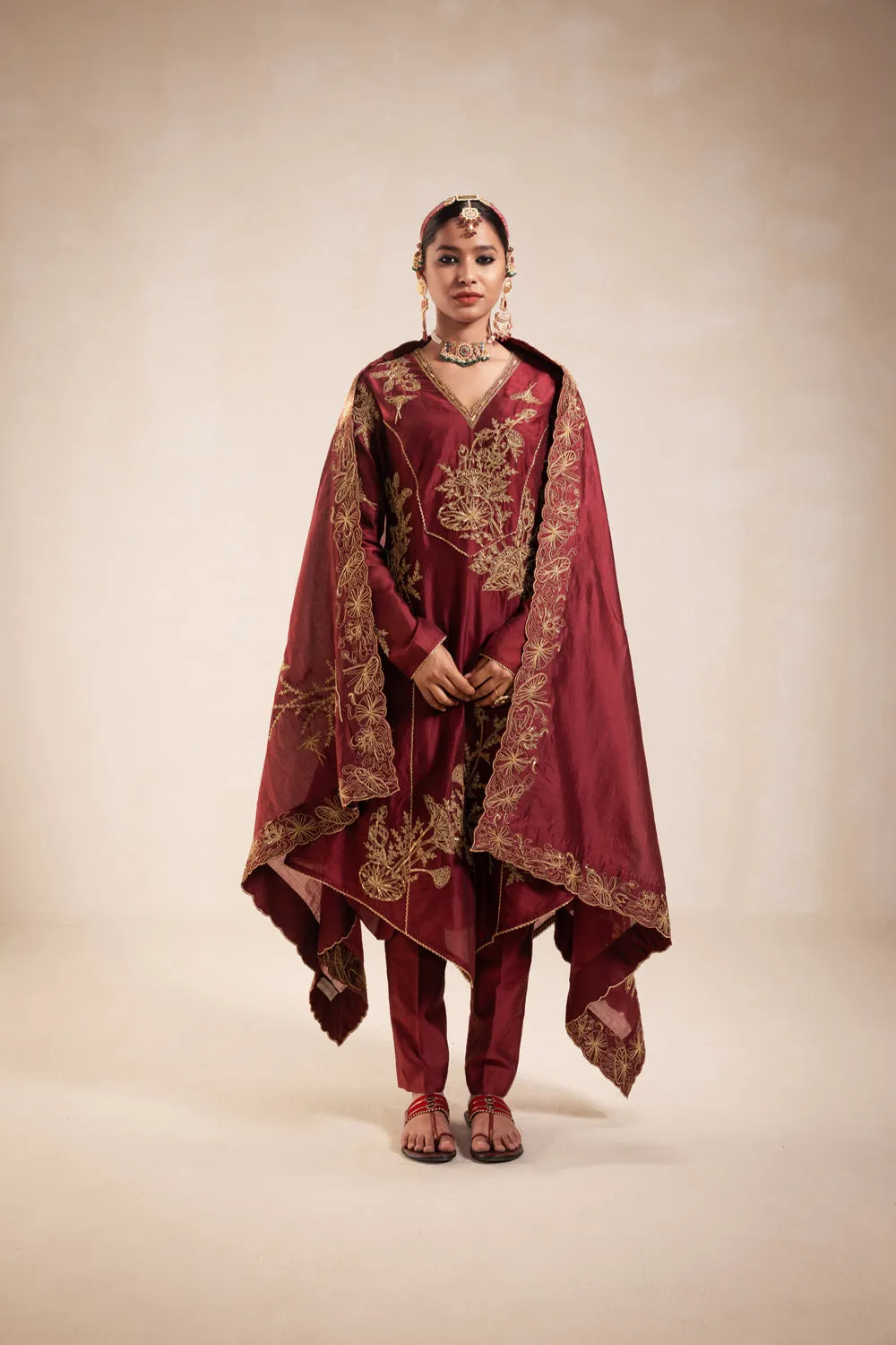 Maroon Chanderi Structured Kurta Set