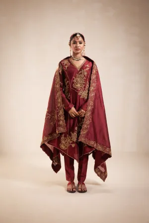 Maroon Chanderi Structured Kurta Set