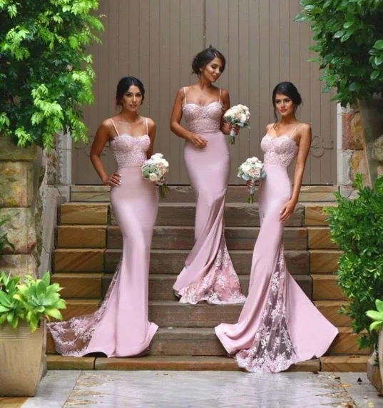 mermaid bridesmaid dresses long pink lace appliqué elegant cheap wedding party dresses 2020