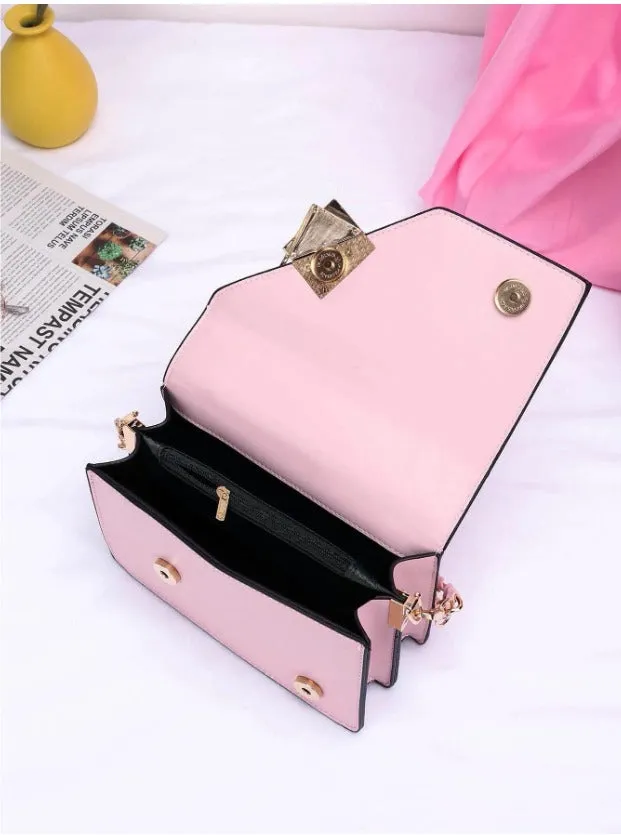 Metal & Chain Decor Flap Square Bag - Pink