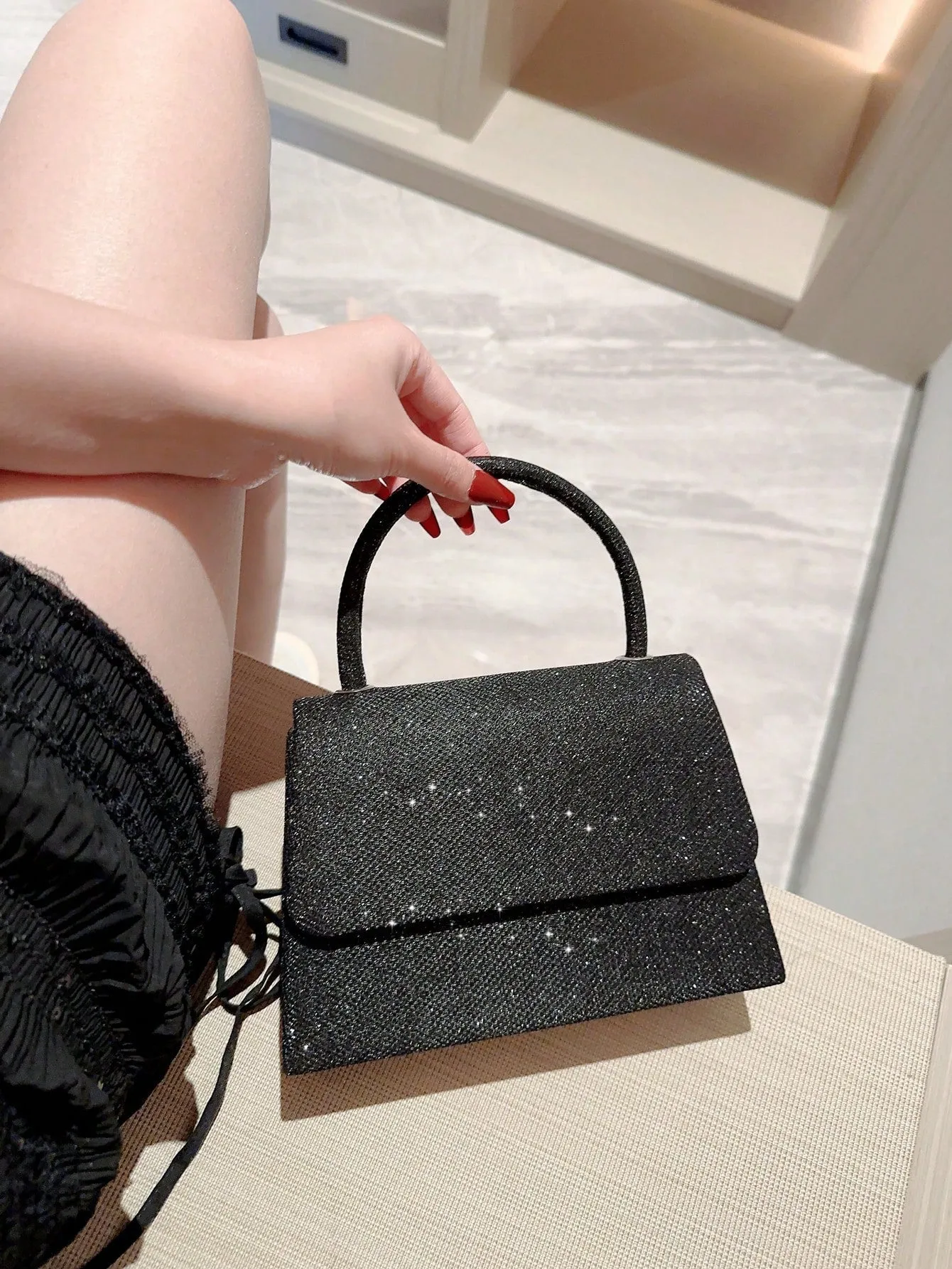 Metal Luster Flip Cover Handbag - Black- FD ⚡