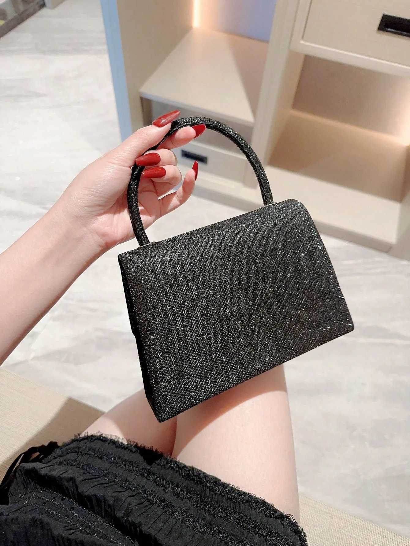 Metal Luster Flip Cover Handbag - Black- FD ⚡