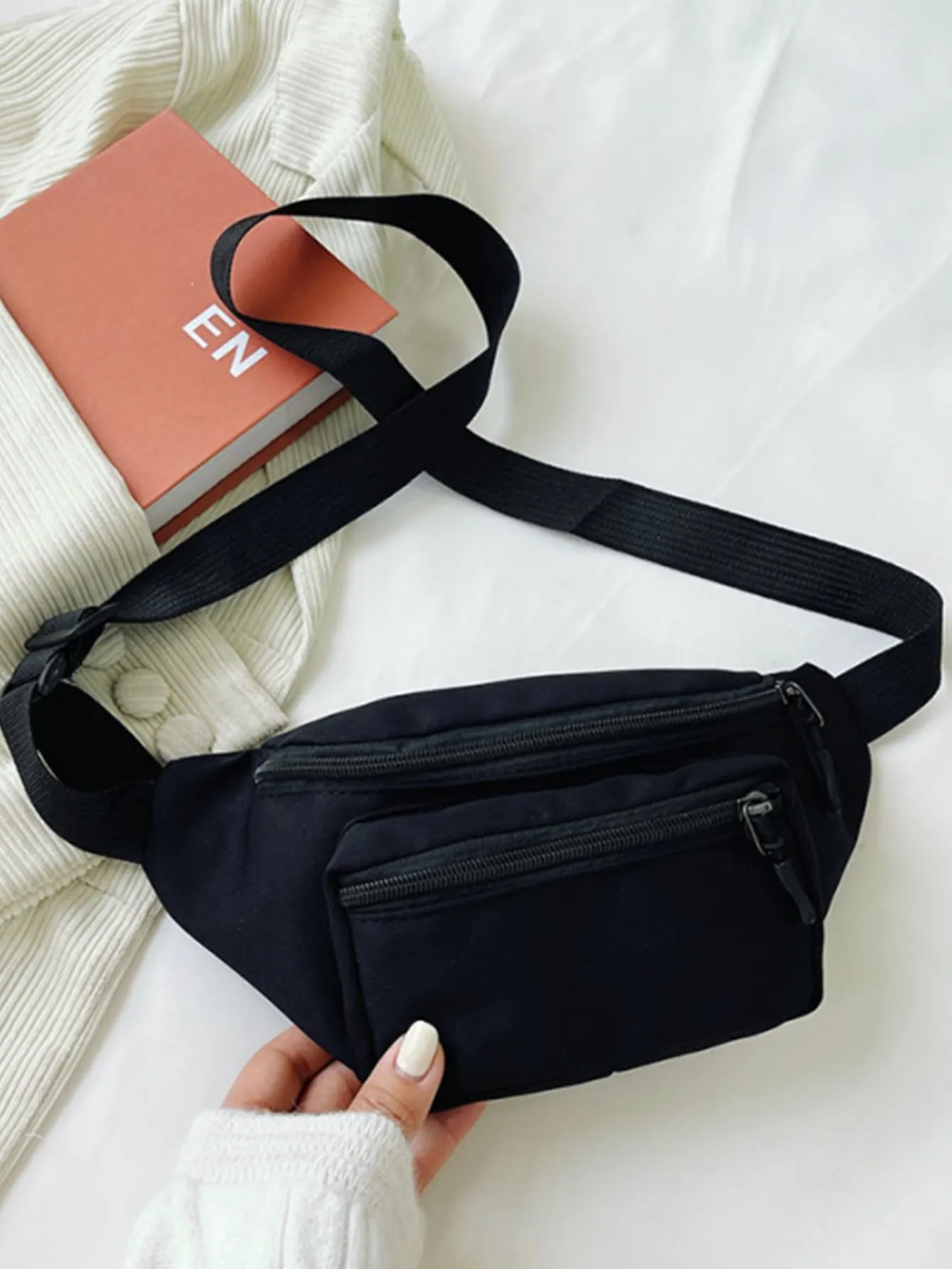 Minimalist Zip Front Waist Bag - Black