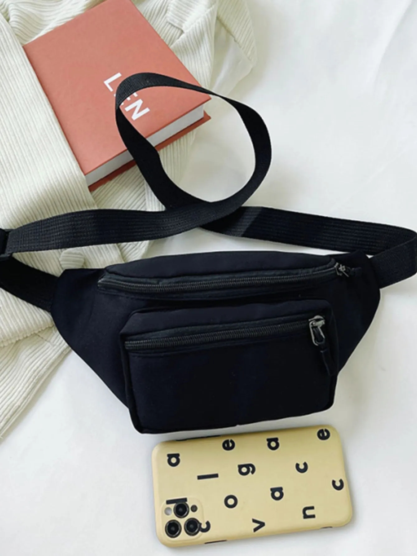 Minimalist Zip Front Waist Bag - Black
