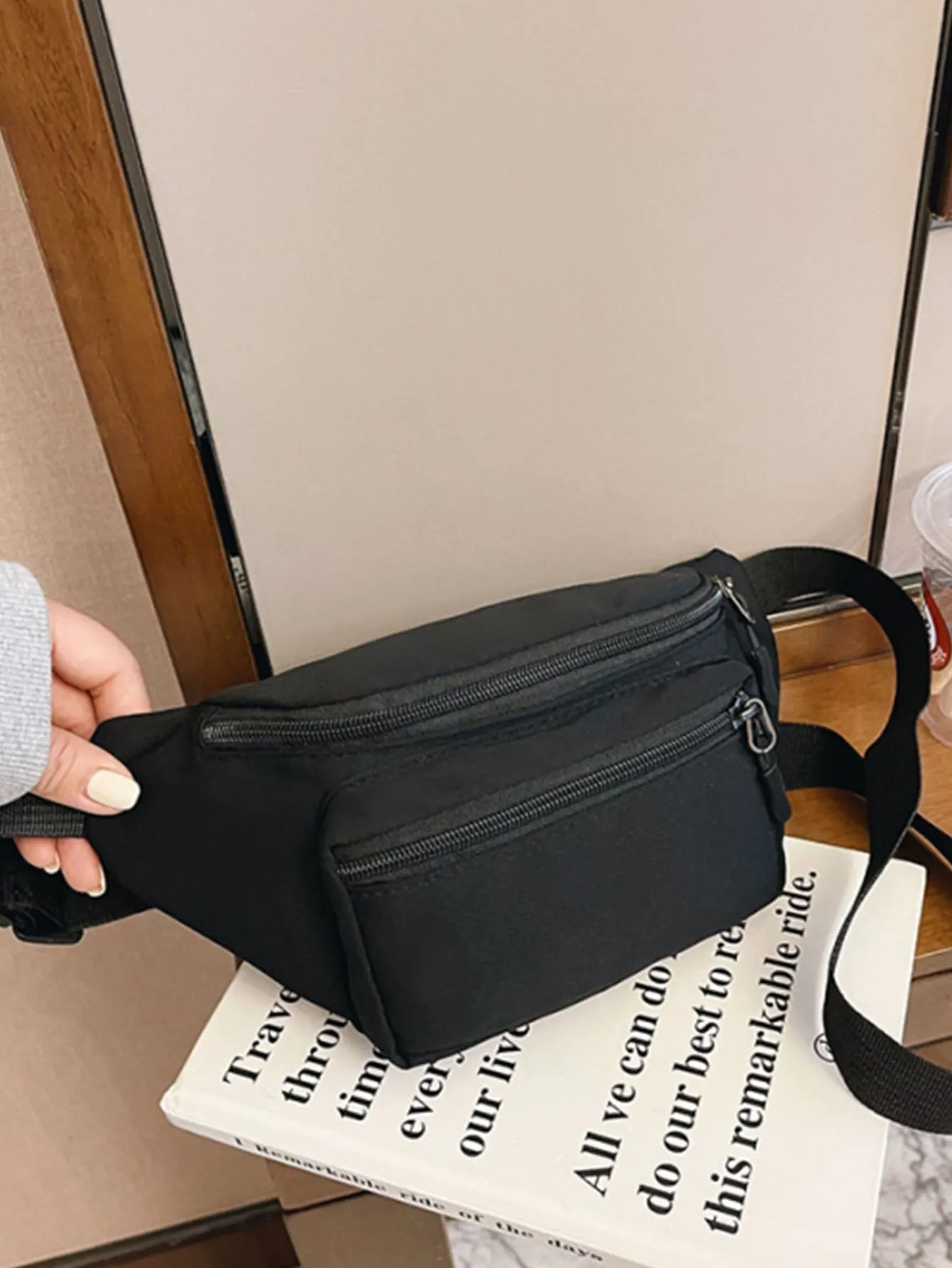 Minimalist Zip Front Waist Bag - Black