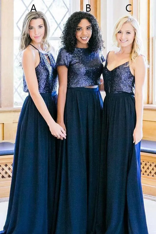 navy blue mismatched bridesmaid dresses long sequin sparkly cheap custom wedding party dress