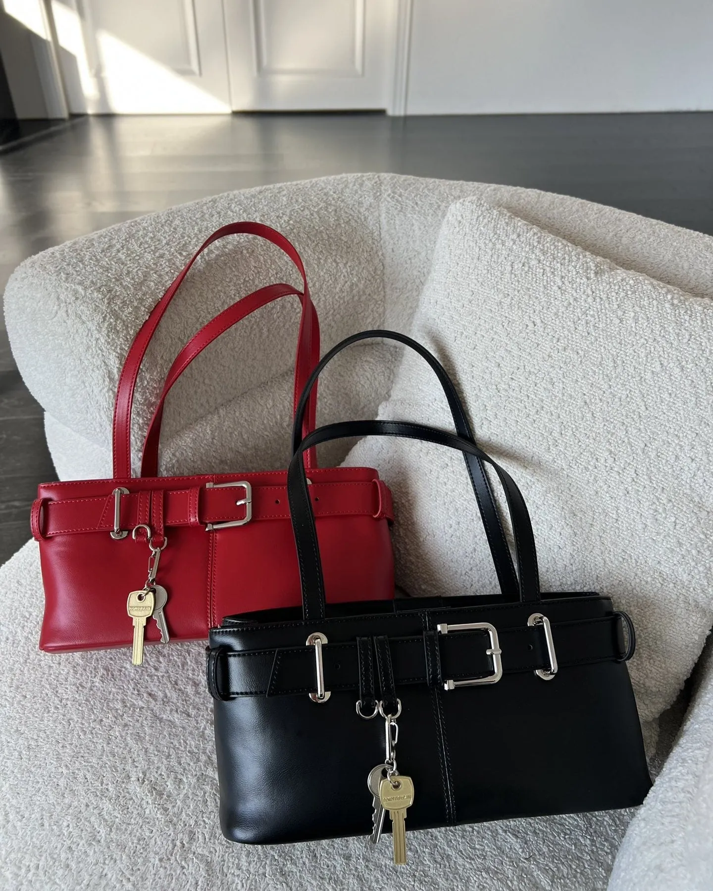 NEW & INSTOCK - Korean Leather Buckle Shoulder Handbag in Black, Red and Off-White (Small and Medium)