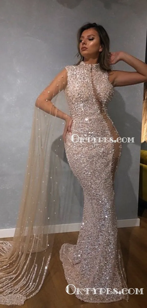 New Arrival Sparkly High Neck Sleeveless Mermad Sequin Long Cheap Evening Prom Dresses, TYP2093