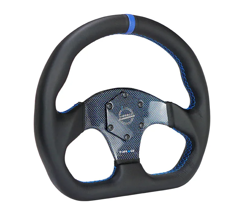 NRG Steering Wheel Carbon Fiber 320mm Blue Carbon Fiber Center with Blue Stitch Bluecenter Mark Flat Bottom