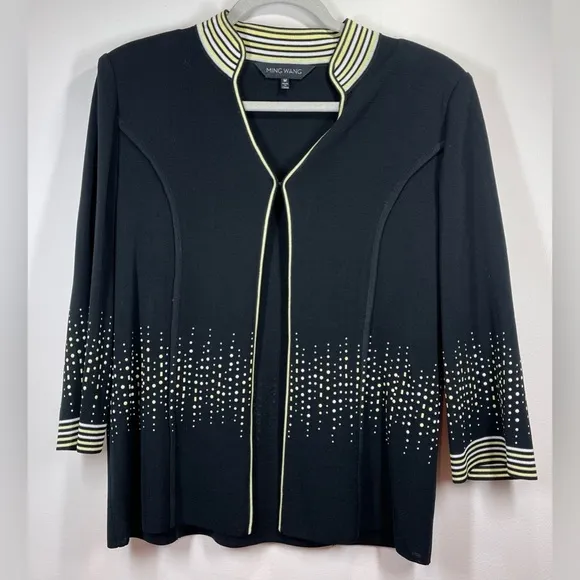 NWOT MING WANG Women’s Yellow Black Dot Knit Cardigan Size Medium