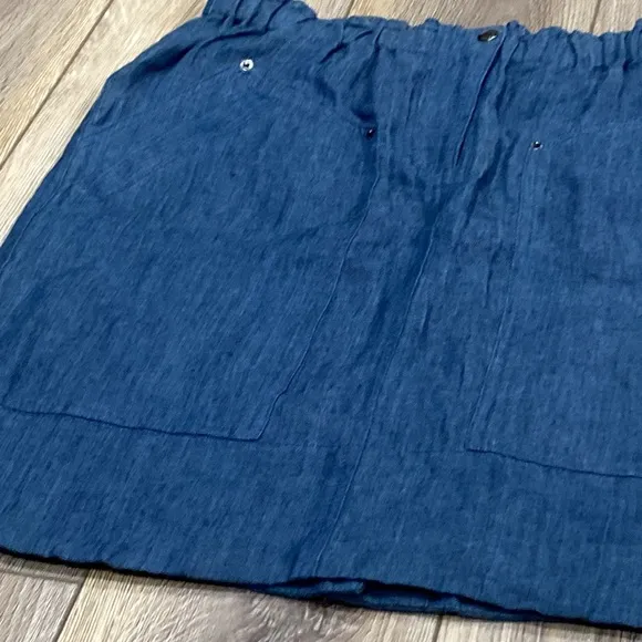NWT DKNY 100% Linen Denim Blue Elastic Waist Knee Length Skirt 10