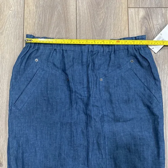 NWT DKNY 100% Linen Denim Blue Elastic Waist Knee Length Skirt 10