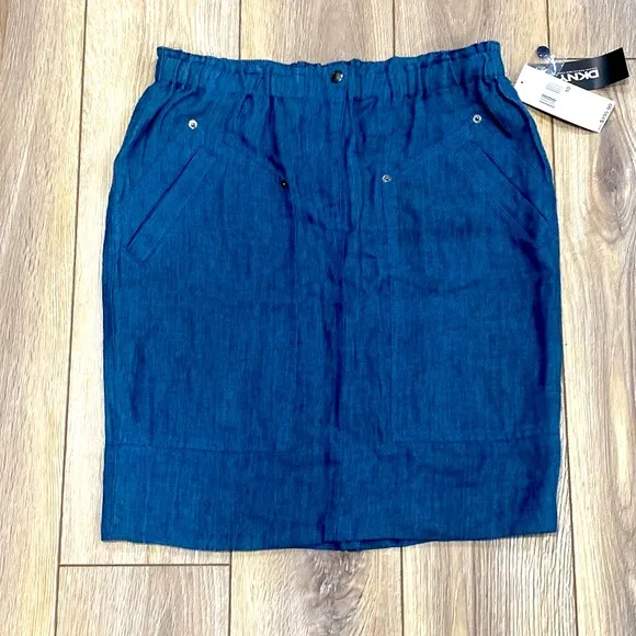 NWT DKNY 100% Linen Denim Blue Elastic Waist Knee Length Skirt 10
