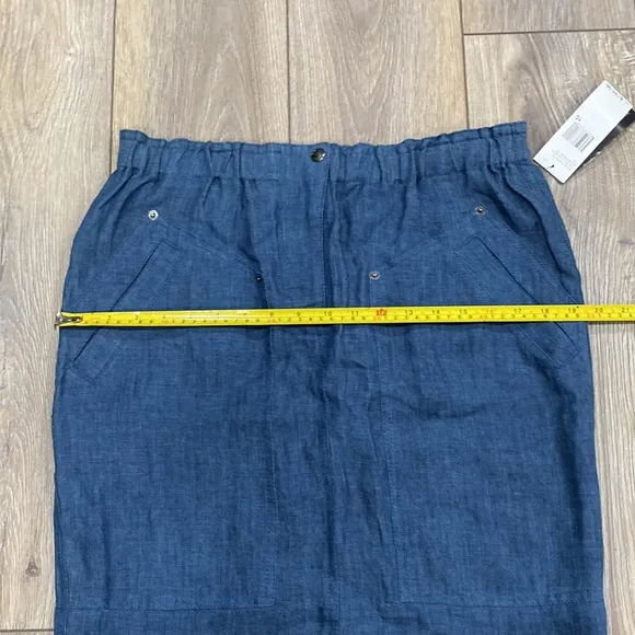 NWT DKNY 100% Linen Denim Blue Elastic Waist Knee Length Skirt 10