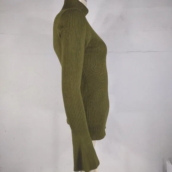 NWT DKNY olive green ribbed turtleneck bell sleeve pullover sweater ladies Small