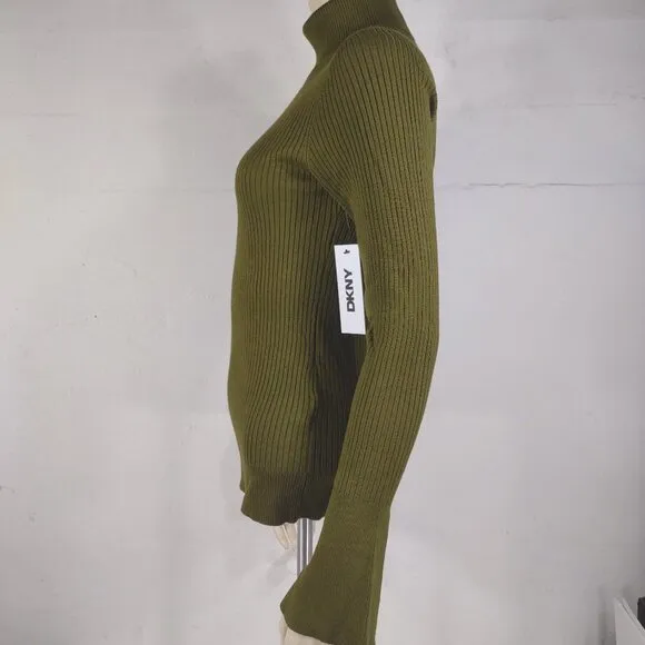 NWT DKNY olive green ribbed turtleneck bell sleeve pullover sweater ladies Small