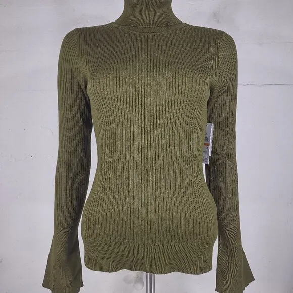 NWT DKNY olive green ribbed turtleneck bell sleeve pullover sweater ladies Small