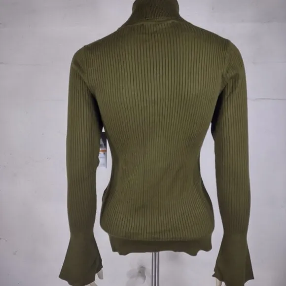 NWT DKNY olive green ribbed turtleneck bell sleeve pullover sweater ladies Small