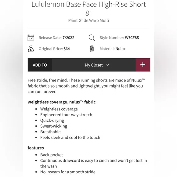 NWT Lululemon Base Pace HR 8”Short,Size-0