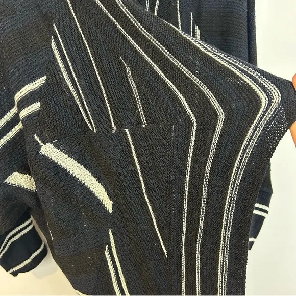 NWT Nic   Zoe Black/Blue/White Striped Open Front Drapey Long Cardigan Sweater L