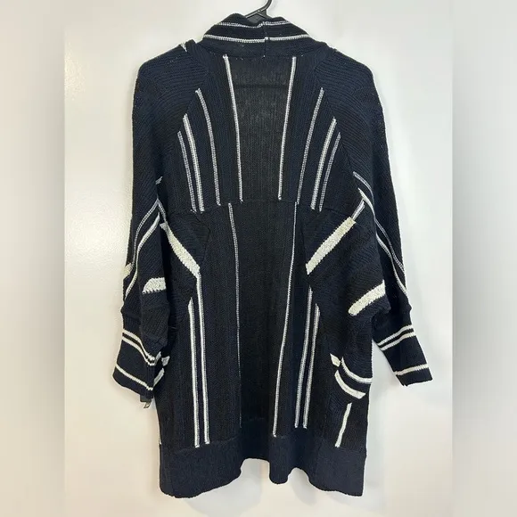 NWT Nic   Zoe Black/Blue/White Striped Open Front Drapey Long Cardigan Sweater L