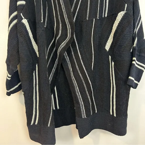 NWT Nic   Zoe Black/Blue/White Striped Open Front Drapey Long Cardigan Sweater L