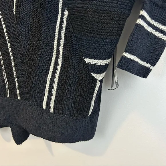 NWT Nic   Zoe Black/Blue/White Striped Open Front Drapey Long Cardigan Sweater L