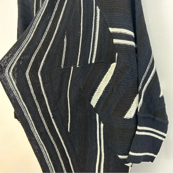NWT Nic   Zoe Black/Blue/White Striped Open Front Drapey Long Cardigan Sweater L