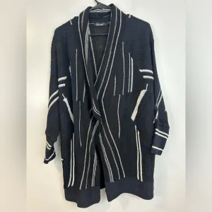 NWT Nic   Zoe Black/Blue/White Striped Open Front Drapey Long Cardigan Sweater L