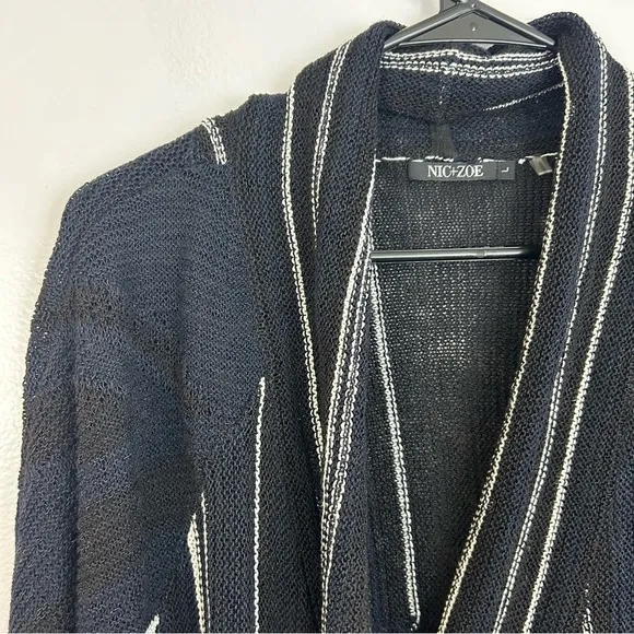 NWT Nic   Zoe Black/Blue/White Striped Open Front Drapey Long Cardigan Sweater L