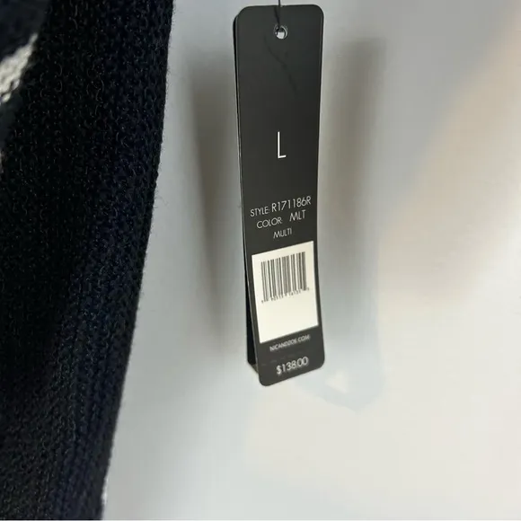 NWT Nic   Zoe Black/Blue/White Striped Open Front Drapey Long Cardigan Sweater L