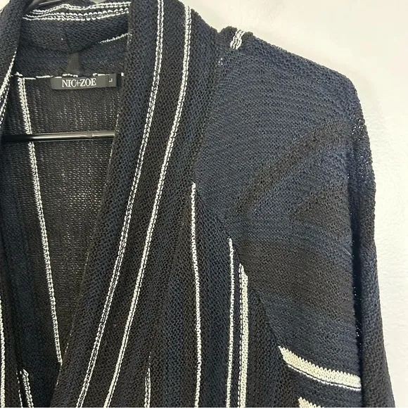 NWT Nic   Zoe Black/Blue/White Striped Open Front Drapey Long Cardigan Sweater L