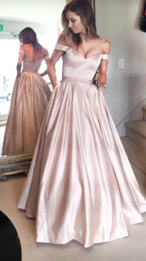 Off Shoulder Sleeve Blush Prom Dress with Pocket