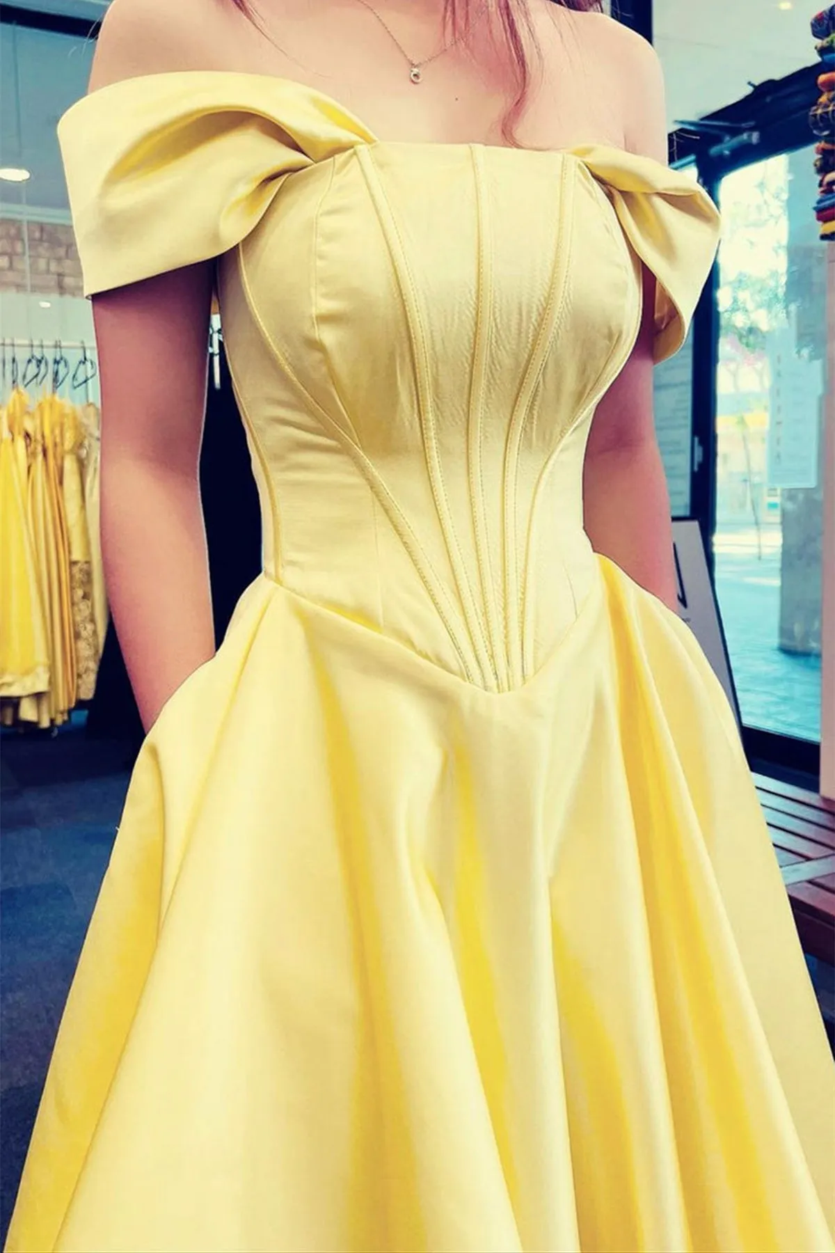 Off Shoulder Yellow Satin Long Prom Dress with Pocket, Long Yellow Formal Graduation Evening Dress A1689