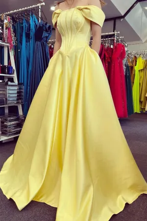 Off Shoulder Yellow Satin Long Prom Dress with Pocket, Long Yellow Formal Graduation Evening Dress A1689