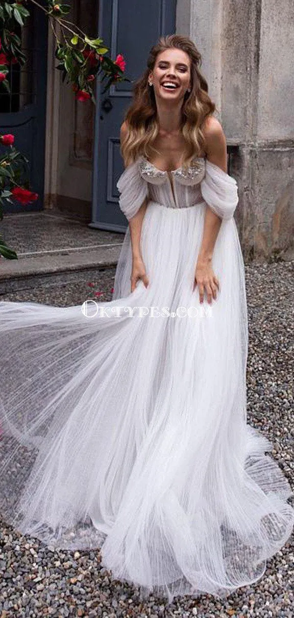 Off-The-Shoulder New Arrival Tulle A-line Long Cheap Wedding Dresses, WDS0051