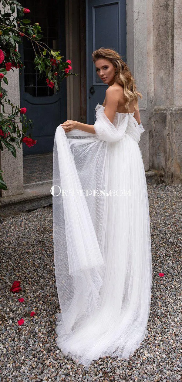 Off-The-Shoulder New Arrival Tulle A-line Long Cheap Wedding Dresses, WDS0051