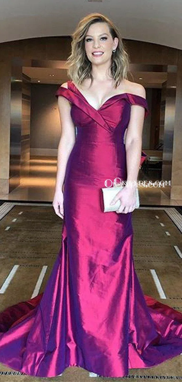 Off-The-Shoulder Sleeveless Rose Pink Satin Mermaid Long Cheap Formal Evening Prom Dresses, PDS0079