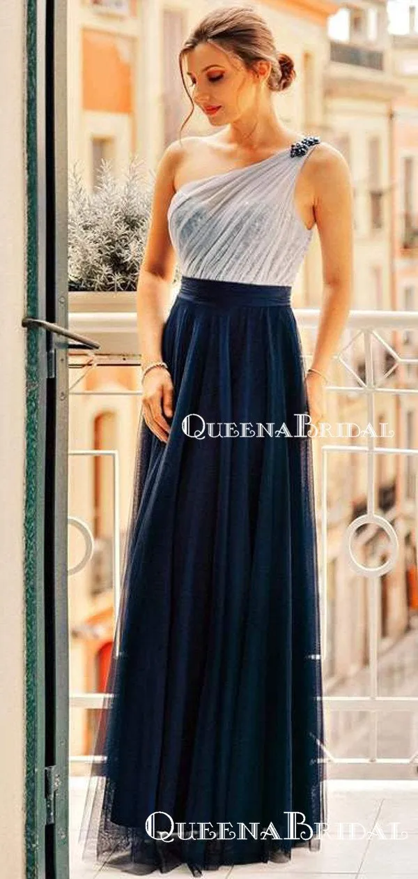 One Shoulder Sleeveless Navy Blue Tulle Side Slit A-line Charming Long Cheap Evening Prom Dresses, QB0976
