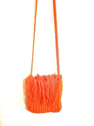 Orange Handmade Cross Body Bag with Tassels, Purse, Long Strap Bag, Handcrafted Yarn Bag
