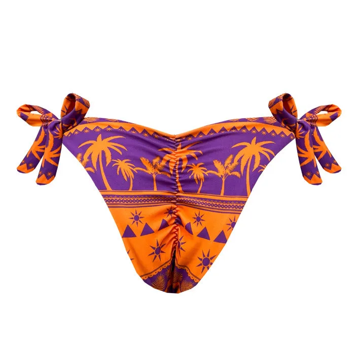 Orange Purple Coconut Trees Brazilian Tie Side Scrunch Bikini Bottom