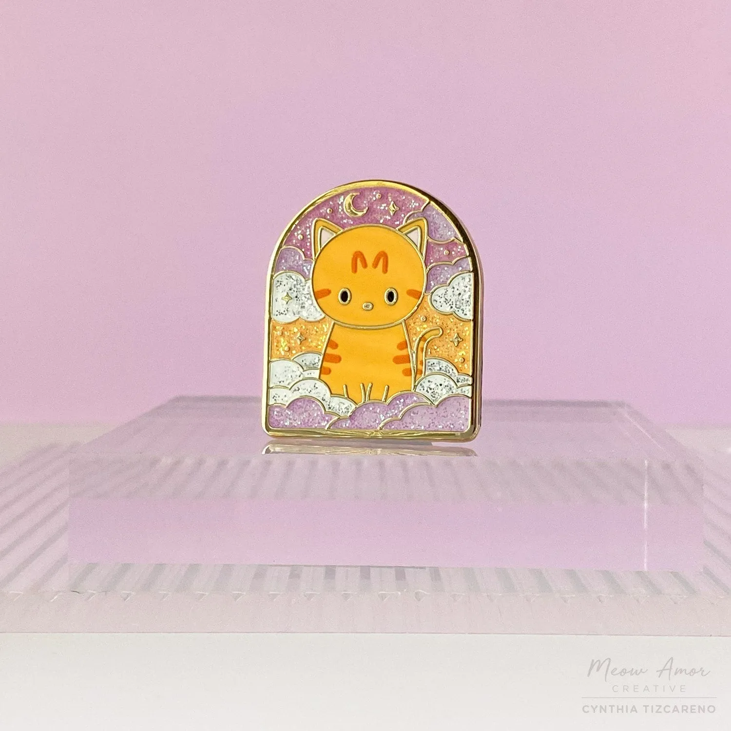 Orange Tabby Sunrise Skies Glitter Enamel Pin