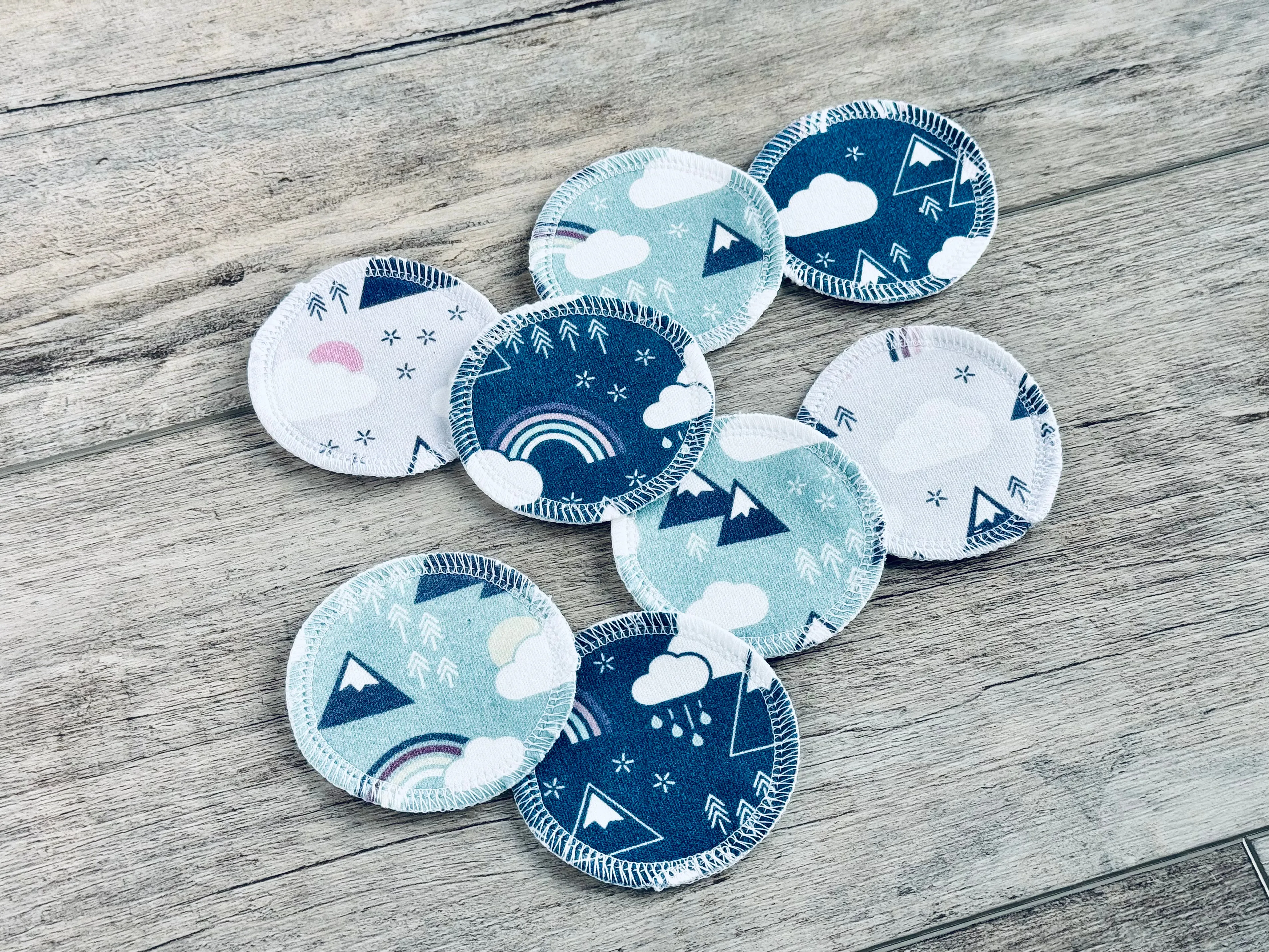 Organic Cotton Face Rounds - Set #25 - Rainbows   Mountains Navy / Plum / Aqua Mix (Small)