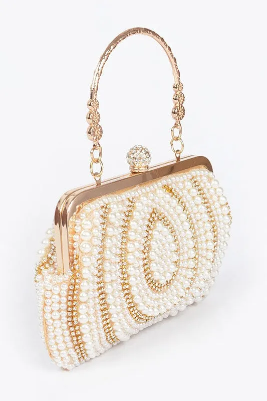 Pearl Rhinestone Beaded Top Handle Clutch Bag